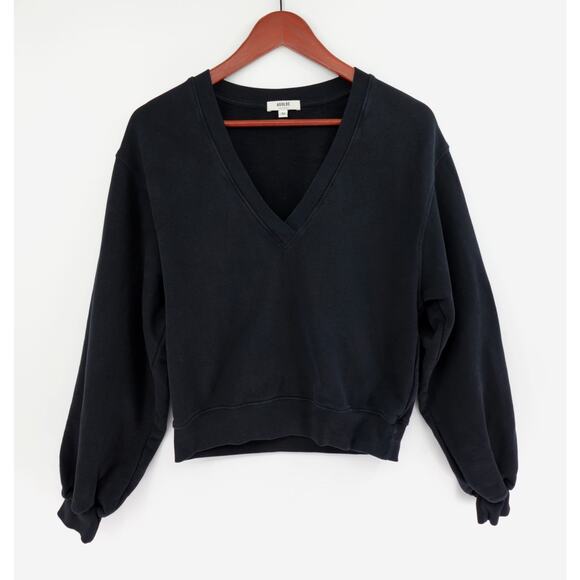 AGOLDE Sweatshirt Women XS Black Low V-Neck Jumper Cropped Balloon Sleeve Boxy - Picture 1 of 10